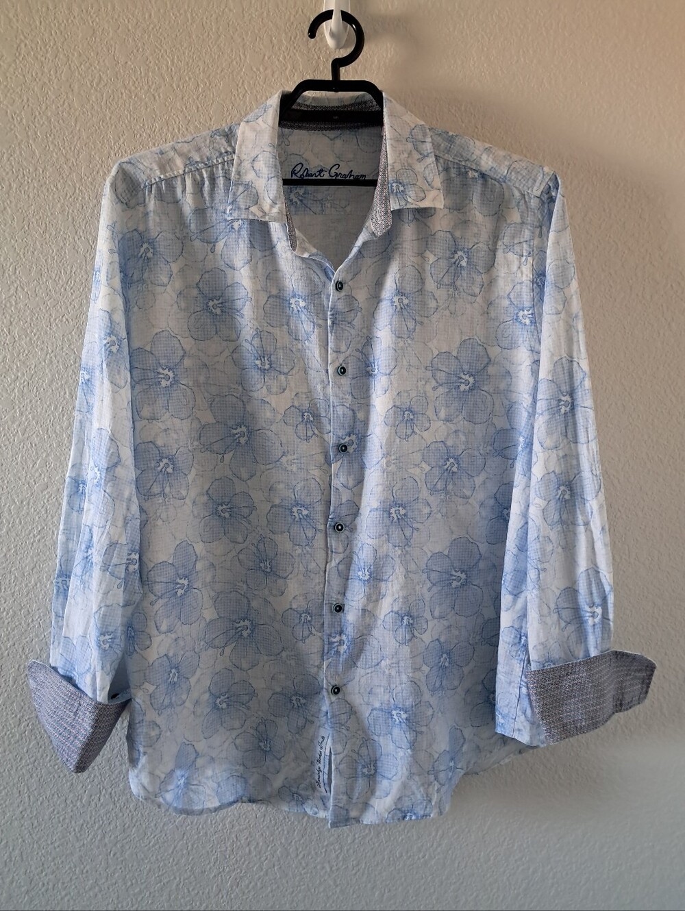 Robert Graham Linen Floral Button Down Shirt Size XXL Blue Contast Flip Cuff